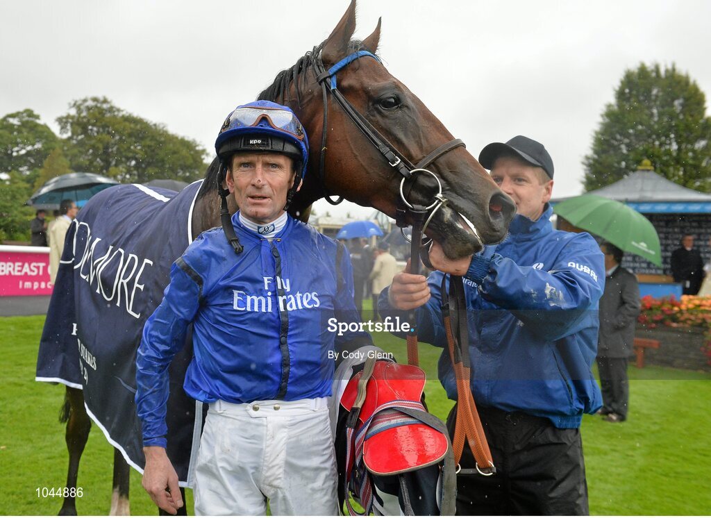 23 August 2015; Kevin Manning with Herald The Dawn in the parade ring after winning the Galileo European Breeders Fund Futurity Stakes. Horse Racing from the Curragh. Curragh, Co. Kildare. Picture credit: Cody Glenn / SPORTSFILE
