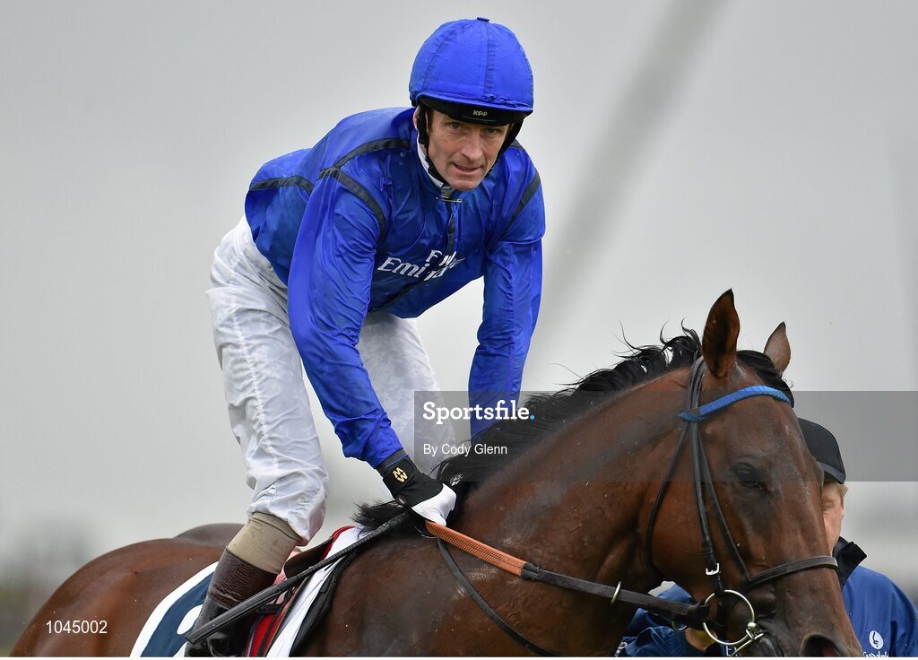 23 August 2015; Kevin Manning rides Herald The Dawn to the start before winning the Galileo European Breeders Fund Futurity Stakes. Horse Racing from the Curragh. Curragh, Co. Kildare. Picture credit: Cody Glenn / SPORTSFILE