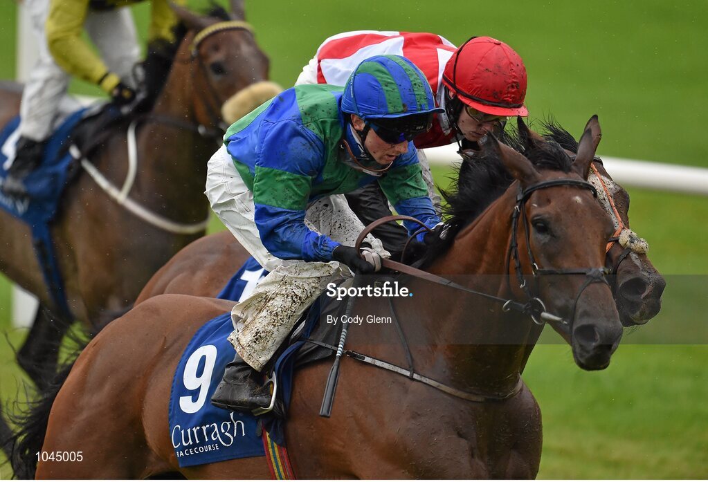 23 August 2015; Plot Twist, left, with Chris Hayes up, edges out Unyielding, with Billy Lee up, who finished second, on their way to winning the Longines Irish Champions Weekend Maiden. Horse Racing from the Curragh. Curragh, Co. Kildare. Picture credit: Cody Glenn / SPORTSFILE