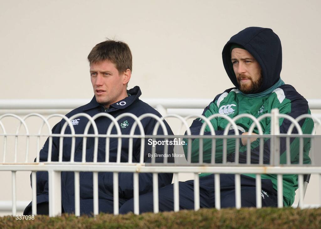 11 February 2009; Ireland out-half Ronan O'Gara, left, and prop Marcus Horan look on during squad training ahead of their RBS Six Nations Championship game against Italy on Sunday. RDS, Dublin. Picture credit: Brendan Moran / SPORTSFILE