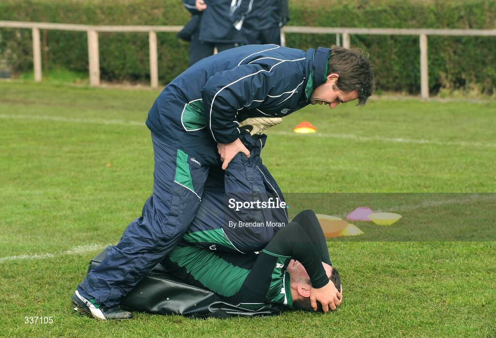 11 February 2009; Ireland's Paddy Wallace works with team physio Cameron Steele during squad training ahead of their RBS Six Nations Championship game against Italy on Sunday. RDS, Dublin. Picture credit: Brendan Moran / SPORTSFILE