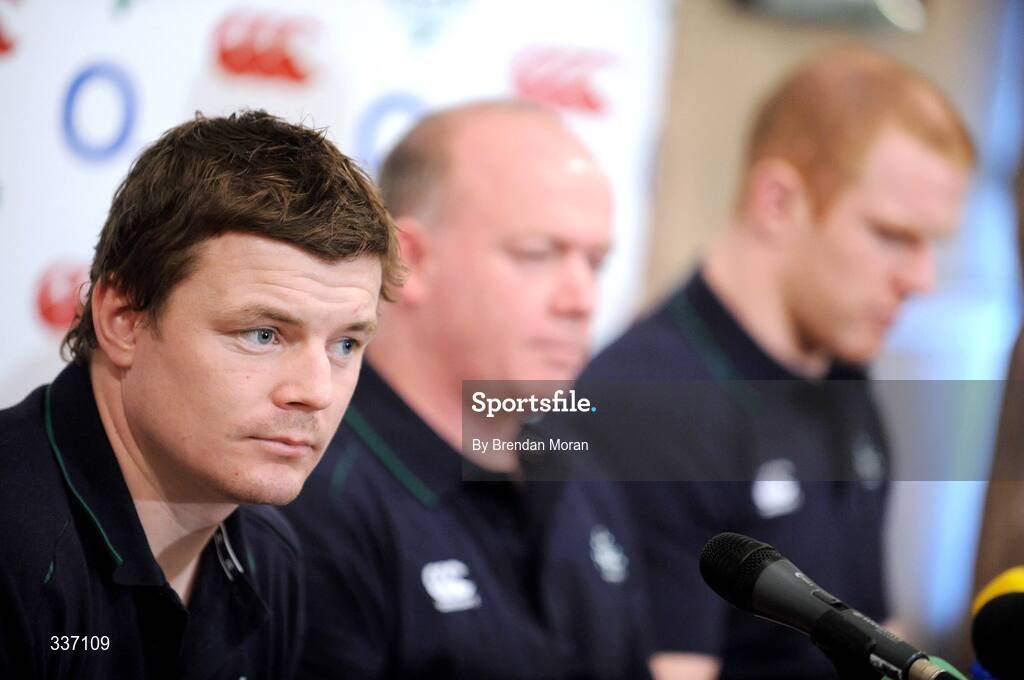 11 February 2009; Ireland captain Brian O'Driscoll, alongside head coach Declan Kidney, centre, and team-mate Paul O'Connell, during a press conference ahead of their RBS Six Nations Championship game against Italy on Sunday. Fitzpatrick's Castle Hotel, Killiney, Co. Dublin. Picture credit: Brendan Moran / SPORTSFILE