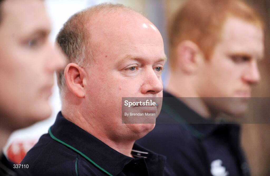 11 February 2009; Ireland head coach Declan Kidney, with captain Brian O'Driscoll, left, and Paul O'Connell,  during a press conference ahead of their RBS Six Nations Championship game against Italy on Sunday. Fitzpatrick's Castle Hotel, Killiney, Co. Dublin. Picture credit: Brendan Moran / SPORTSFILE
