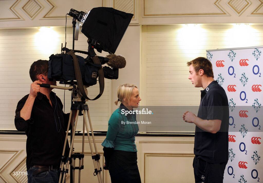 11 February 2009; Ireland's Tommy Bowe is interviewed for television by TV3's Sinead Kisssane during a press conference ahead of their RBS Six Nations Championship game against Italy on Sunday. Fitzpatrick's Castle Hotel, Killiney, Co. Dublin. Picture credit: Brendan Moran / SPORTSFILE