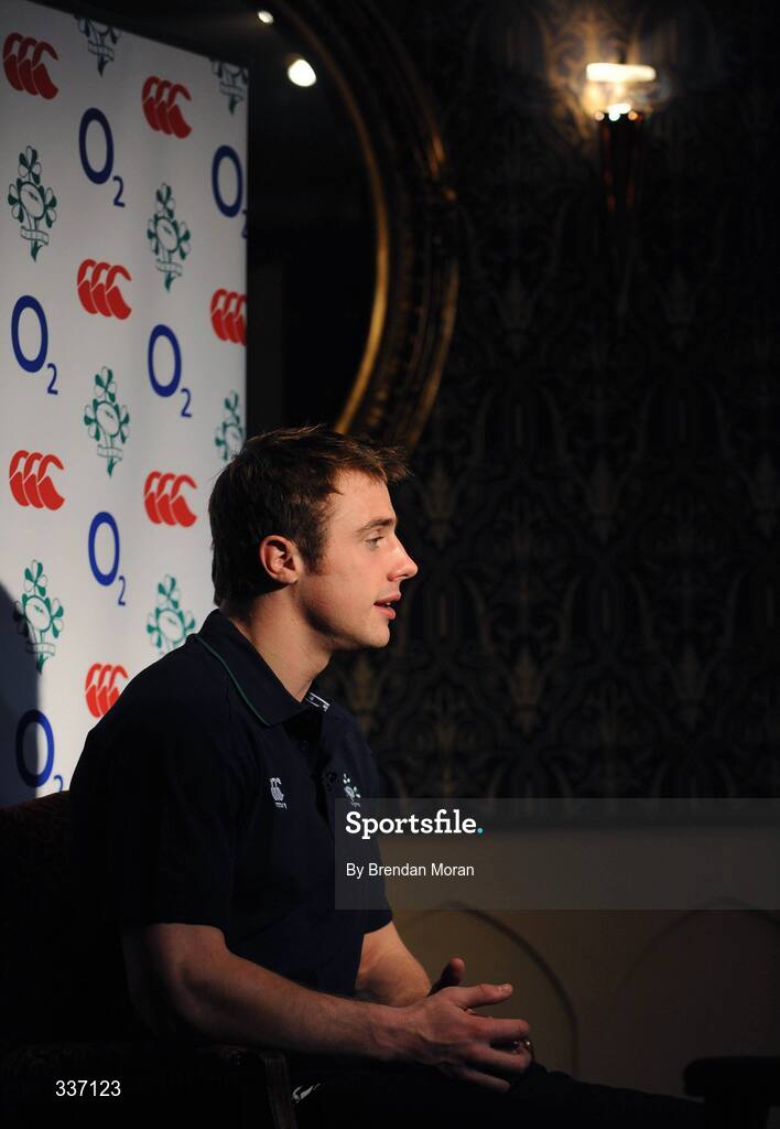 11 February 2009; Ireland's Tommy Bowe is interviewed for television during a press conference ahead of their RBS Six Nations Championship game against Italy on Sunday. Fitzpatrick's Castle Hotel, Killiney, Co. Dublin. Picture credit: Brendan Moran / SPORTSFILE