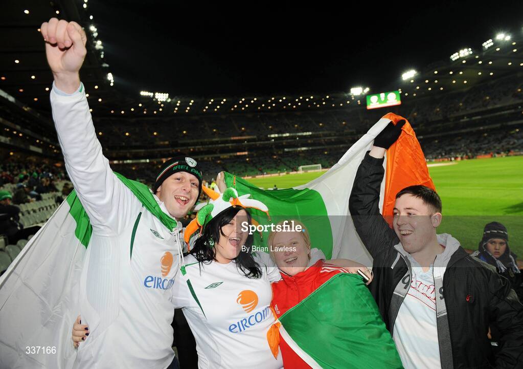11 February 2009; Republic of Ireland fans, from left, Gavin Maguire, Sharon Dempsey, Wendy Dempsey, and Andrew Quigley, from Ballyfermot, Dublin await the start of the match. 2010 FIFA World Cup Qualifier, Republic of Ireland v Georgia, Croke Park, Dublin. Picture credit: Brian Lawless / SPORTSFILE