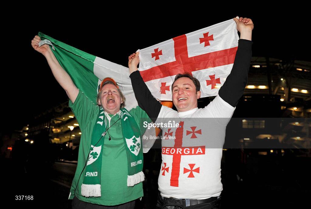 11 February 2009; Republic of Ireland fan Alan Hunter, from Lusk, Dublin, with Georgia fan Ramini Kurashvilli, from Tbilisi, before the match. 2010 FIFA World Cup Qualifier, Republic of Ireland v Georgia, Croke Park, Dublin. Picture credit: Brian Lawless / SPORTSFILE