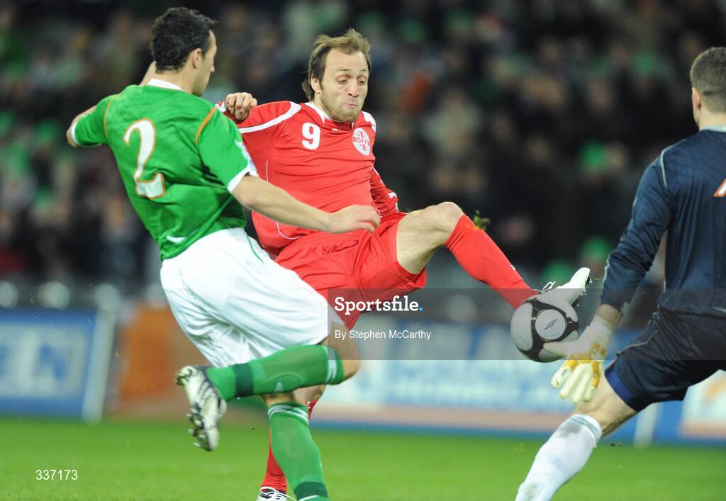 11 February 2009; Alexander Iashvili, Georgia, shoots to score his side's first goal past Shay Given, right, and Stephen Kelly, Republic of Ireland. 2010 FIFA World Cup Qualifier, Republic of Ireland v Georgia. Croke Park, Dublin. Picture credit: Stephen McCarthy / SPORTSFILE