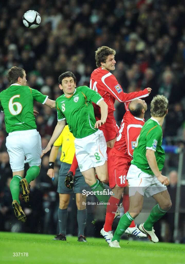 11 February 2009; Keith Andrews and Glenn Whelan, left, Republic of Ireland, in action against Beqa Gotsiridze, Georgia. 2010 FIFA World Cup Qualifier, Republic of Ireland v Georgia, Croke Park, Dublin. Picture credit: Brian Lawless / SPORTSFILE