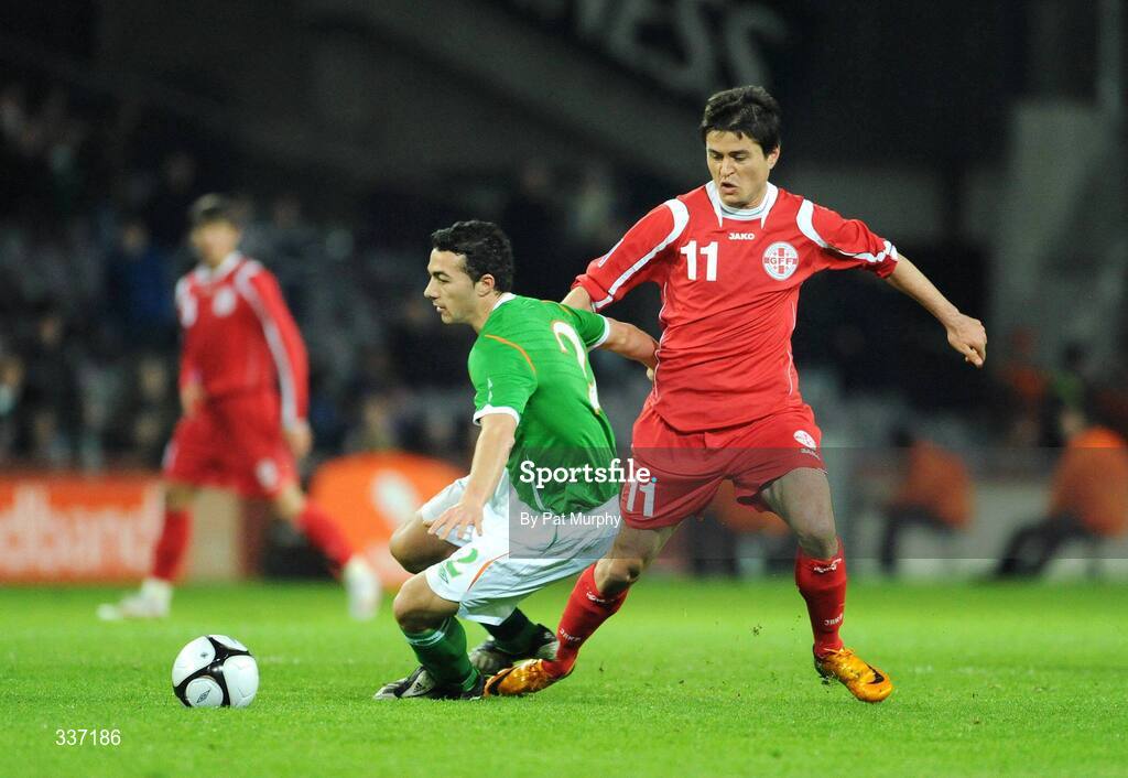 11 February 2009; David Siradze, Georgia, in action against Stephen Kelly, Republic of Ireland. 2010 FIFA World Cup Qualifier, Republic of Ireland v Georgia. Croke Park, Dublin. Picture credit: Pat Murphy / SPORTSFILE