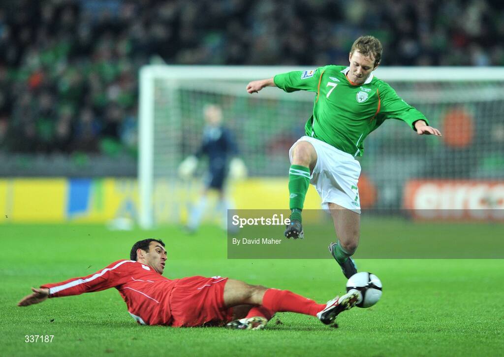 11 February 2009; Aiden McGready, Republic of Ireland, in action against David Kvirkvelia, Georgia. 2010 FIFA World Cup Qualifier, Republic of Ireland v Georgia. Croke Park, Dublin. Picture credit: David Maher / SPORTSFILE