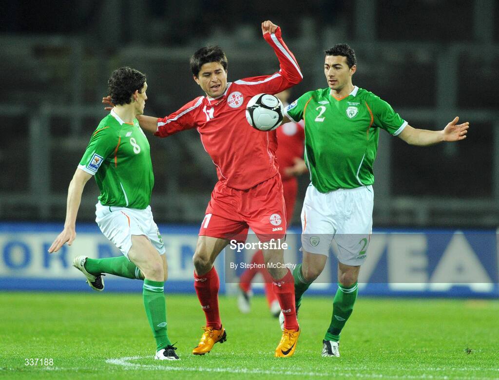 11 February 2009; David Siradze, Georgia, in action against Keith Andrews, left, and Stephen Kelly, Republic of Ireland. 2010 FIFA World Cup Qualifier, Republic of Ireland v Georgia. Croke Park, Dublin. Picture credit: Stephen McCarthy / SPORTSFILE