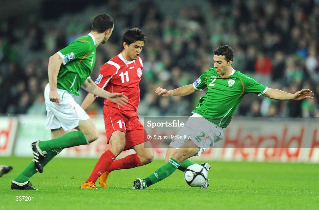 11 February 2009; David Siradze, Georgia, in action against John O'Shea and Stephen Kelly, Republic of Ireland. 2010 FIFA World Cup Qualifier, Republic of Ireland v Georgia. Croke Park, Dublin. Picture credit: Stephen McCarthy / SPORTSFILE