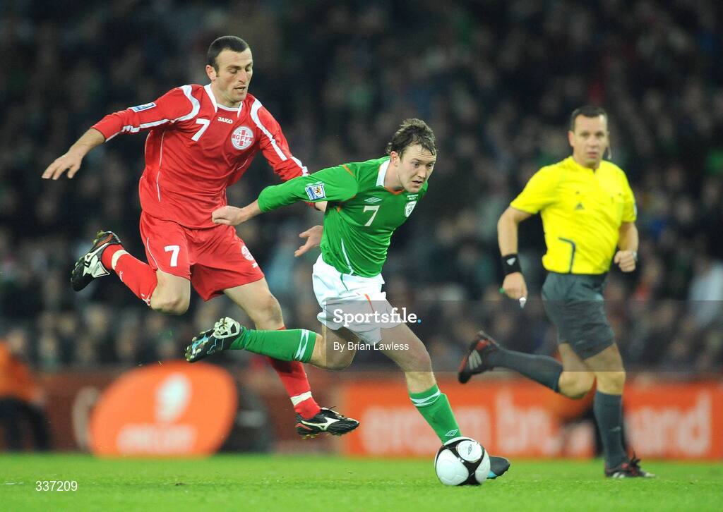 11 February 2009; Aiden McGeady, Republic of Ireland, in action against Luka Razmadze, Georgia. 2010 FIFA World Cup Qualifier, Republic of Ireland v Georgia, Croke Park, Dublin. Picture credit: Brian Lawless / SPORTSFILE