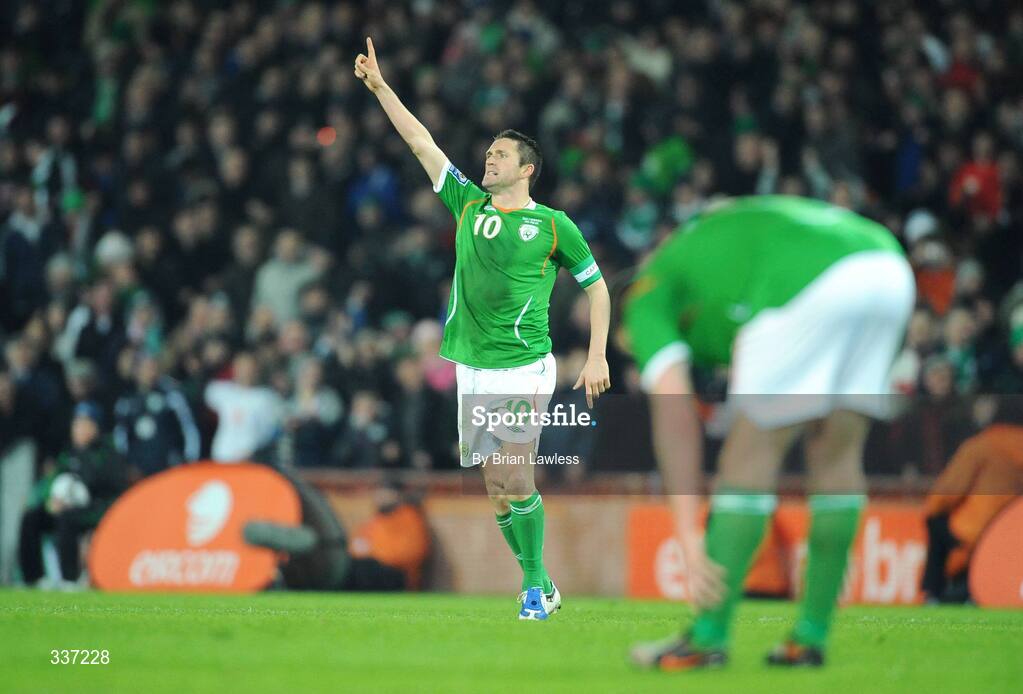 11 February 2009; Republic of Ireland captain Robbie Keane celebrates after scoring his side's second goal. 2010 FIFA World Cup Qualifier, Republic of Ireland v Georgia, Croke Park, Dublin. Picture credit: Brian Lawless / SPORTSFILE