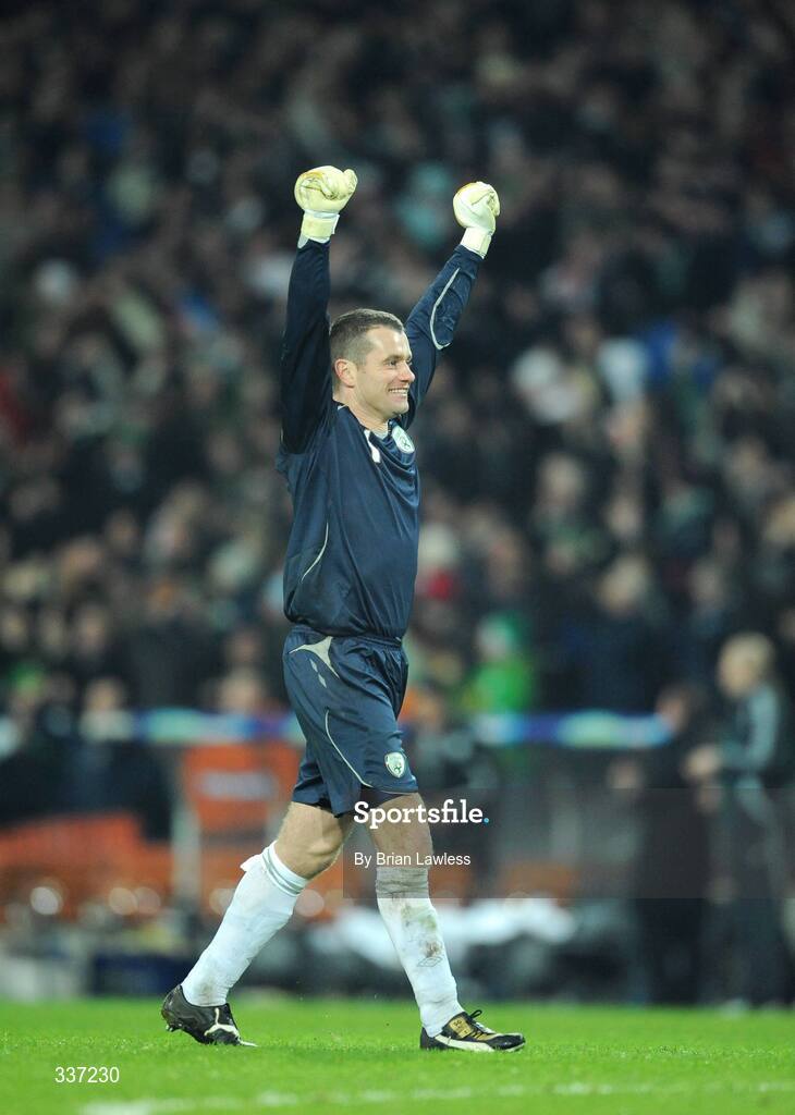 11 February 2009; Republic of Ireland's Shay Given celebrates after captain Robbie Keane had scored his side's second goal. 2010 FIFA World Cup Qualifier, Republic of Ireland v Georgia, Croke Park, Dublin. Picture credit: Brian Lawless / SPORTSFILE