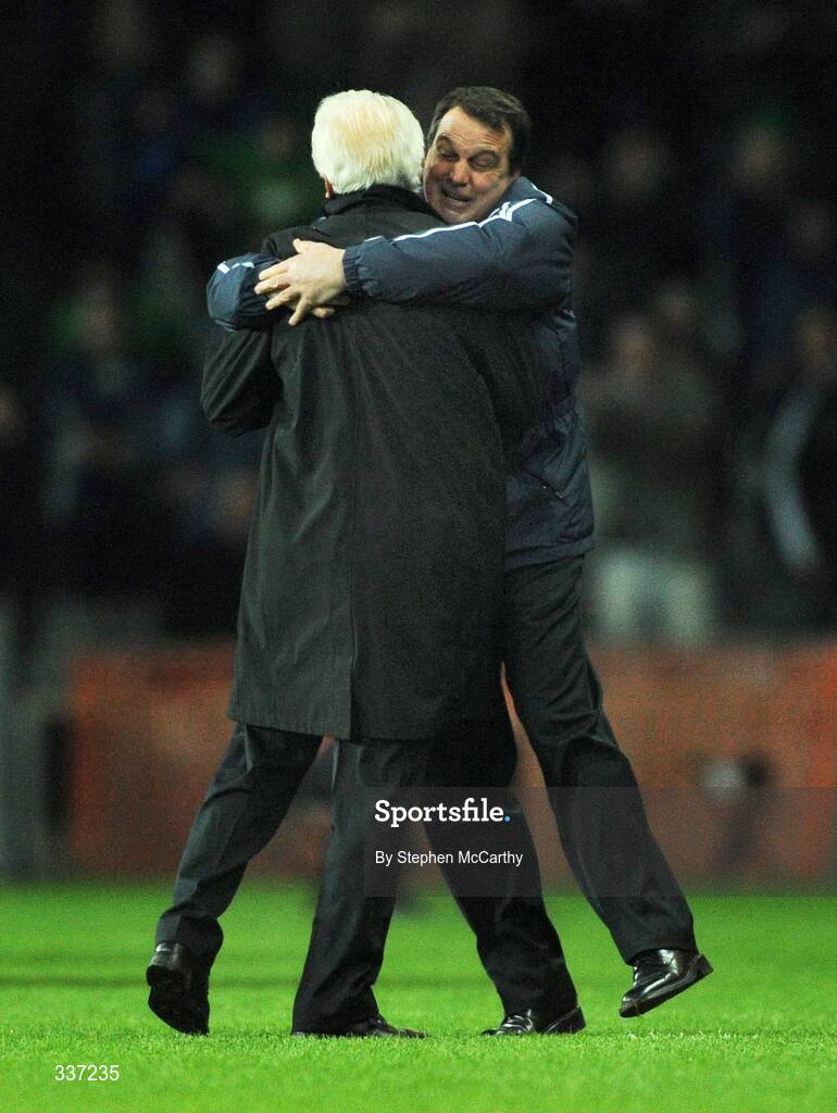 11 February 2009; Republic of Ireland manager Giovanni Trapattoni is congratulated by his assistant Marco Tardelli after Robbie Keane scored their side's second goal. 2010 FIFA World Cup Qualifier, Republic of Ireland v Georgia. Croke Park, Dublin. Picture credit: Stephen McCarthy / SPORTSFILE