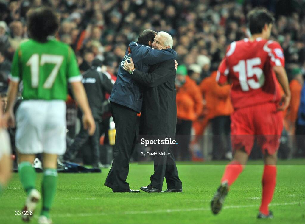 11 February 2009; Republic of Ireland manager Giovanni Trapattoni celebrates with team assistant manager Marco Tardelli at the end of the game. 2010 FIFA World Cup Qualifier, Republic of Ireland v Georgia. Croke Park, Dublin. Picture credit: David Maher / SPORTSFILE