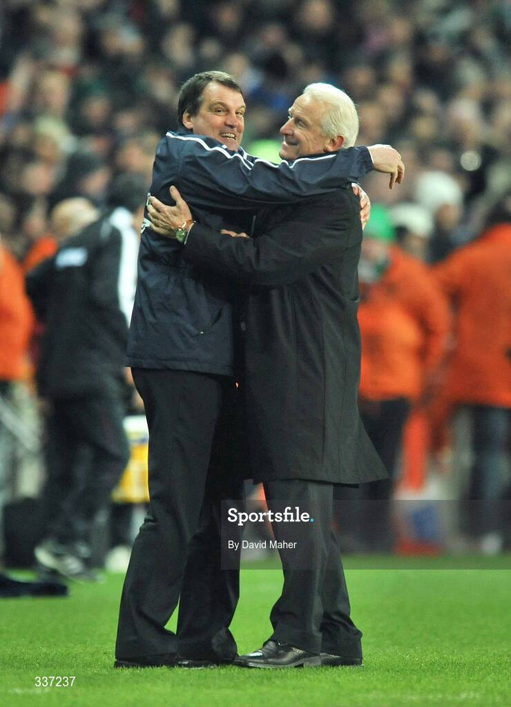 11 February 2009; Republic of Ireland manager Giovanni Trapattoni celebrates with team assistant manager Marco Tardelli at the end of the game. 2010 FIFA World Cup Qualifier, Republic of Ireland v Georgia. Croke Park, Dublin. Picture credit: David Maher / SPORTSFILE