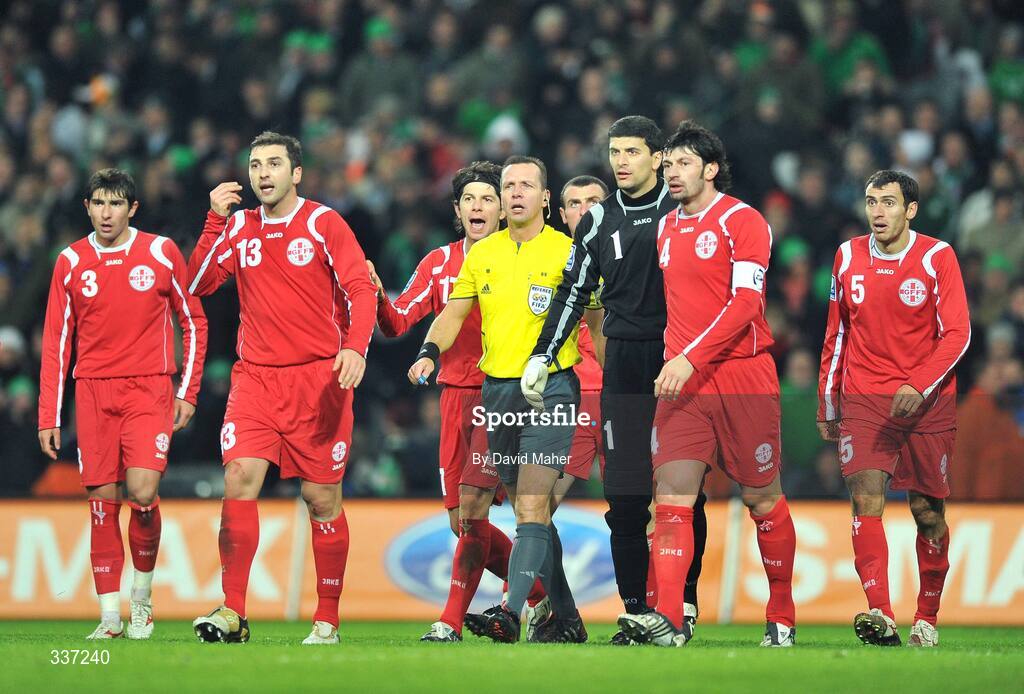11 February 2009; Georgian players remonstrate with referee Jouni Hyytia after he awarded the Republic of Ireland a penalty. 2010 FIFA World Cup Qualifier, Republic of Ireland v Georgia. Croke Park, Dublin. Picture credit: David Maher / SPORTSFILE