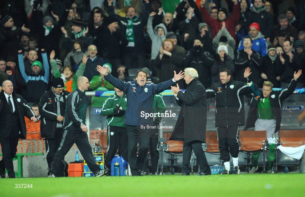 11 February 2009; Republic of Ireland assistant manager Marco Tardelli reacts to manager Giovanni Trappatoni at the final whistle. 2010 FIFA World Cup Qualifier, Republic of Ireland v Georgia, Croke Park, Dublin. Picture credit: Brian Lawless / SPORTSFILE