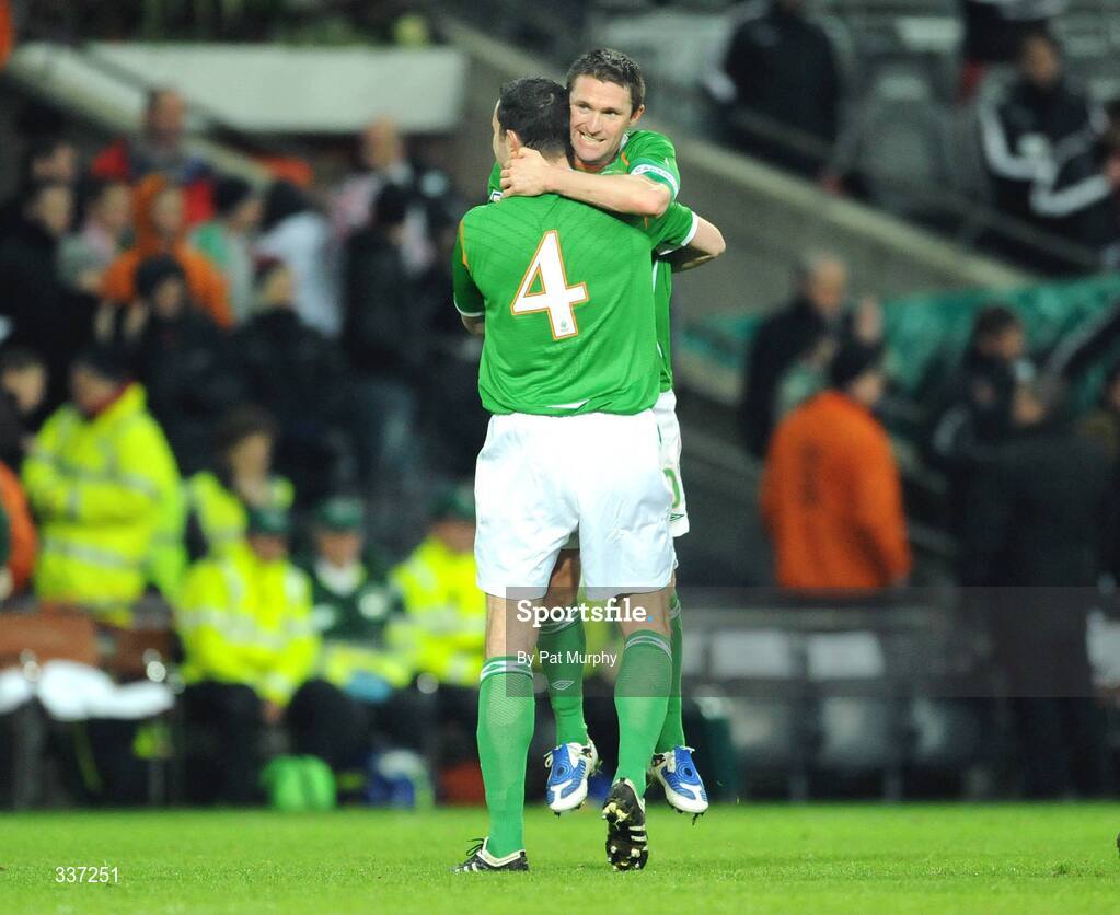 11 February 2009; Republic of Ireland's Robbie Keane and John O'Shea, no. 4, celebrate after the game. 2010 FIFA World Cup Qualifier, Republic of Ireland v Georgia. Croke Park, Dublin. Picture credit: Pat Murphy / SPORTSFILE