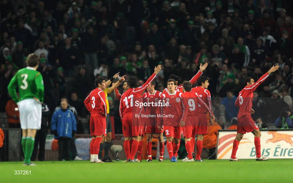 11 February 2009; Georgia react to Referee Jouni Hyytia's, Finland, decision to award Republic of Ireland a penalty. 2010 FIFA World Cup Qualifier, Republic of Ireland v Georgia. Croke Park, Dublin. Picture credit: Stephen McCarthy / SPORTSFILE