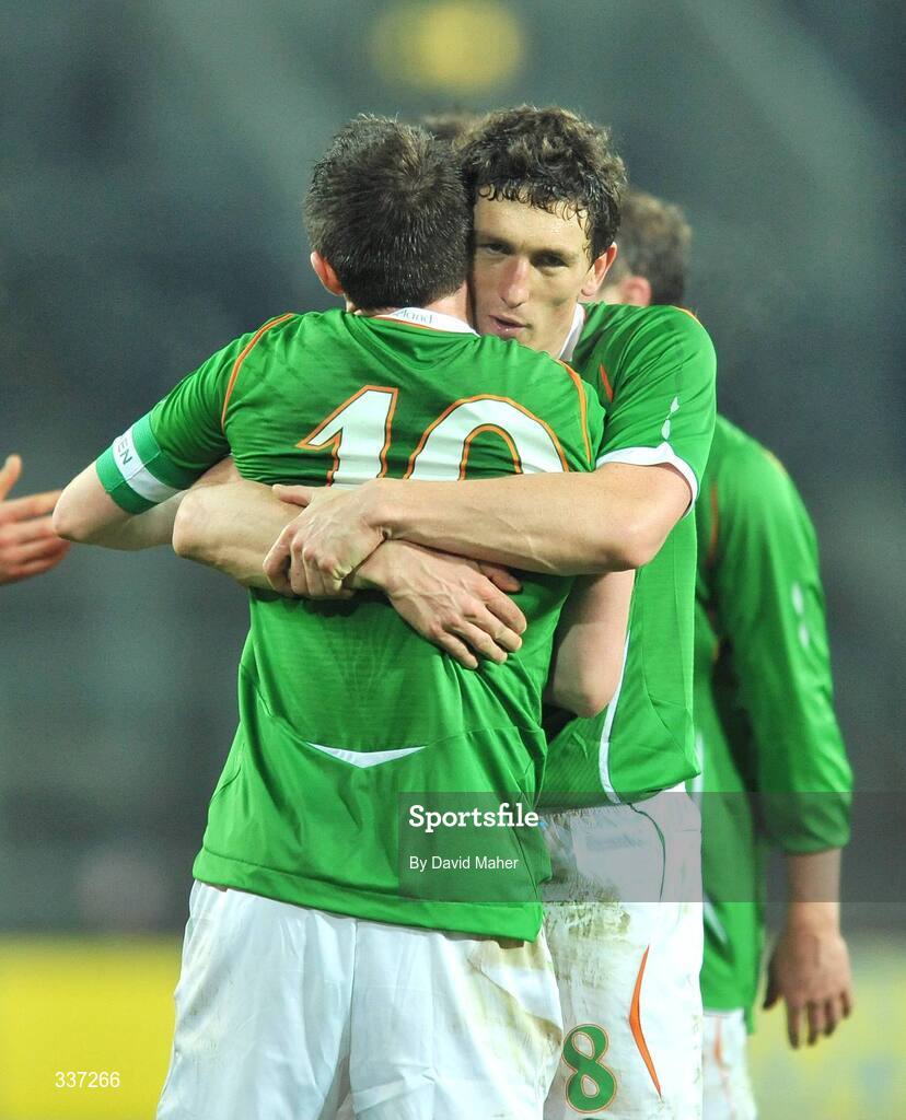 11 February 2009; Robbie Keane, no. 10, Republic of Ireland, celebrates at the end of the game with team-mate Keith Andrews. 2010 FIFA World Cup Qualifier, Republic of Ireland v Georgia. Croke Park, Dublin. Picture credit: David Maher / SPORTSFILE