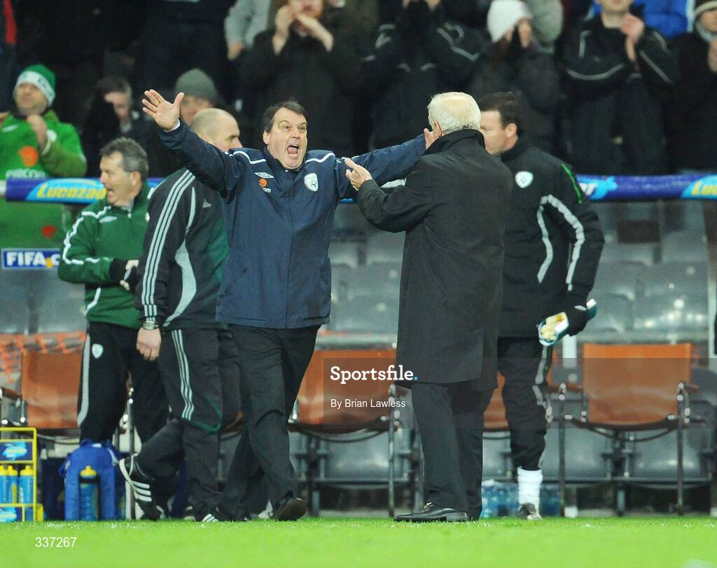 11 February 2009; Republic of Ireland Assistant manager Marco Tardelli celebrates with manager Giovanni Trappatoni at the final whistle. 2010 FIFA World Cup Qualifier, Republic of Ireland v Georgia, Croke Park, Dublin. Picture credit: Brian Lawless / SPORTSFILE