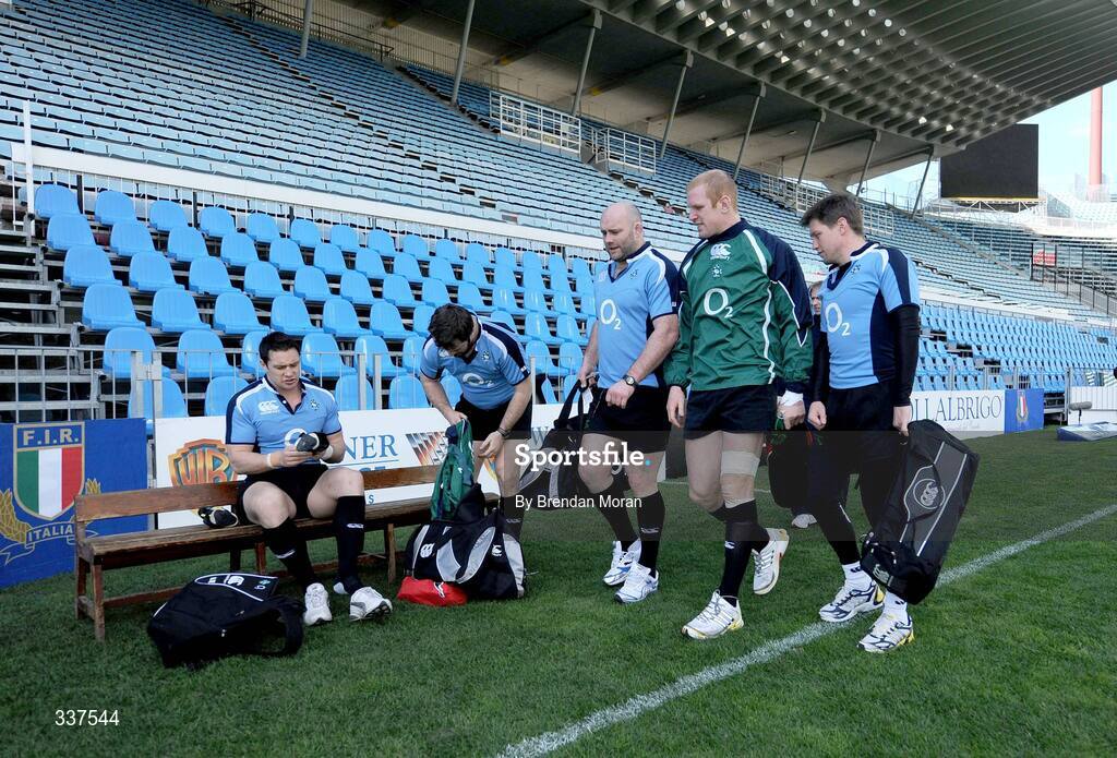 14 February 2009; Irish players, from left, David Wallace, Marcus Horan, John Hayes, Paul O'Connell and Ronan O'Gara arrive for Ireland Rugby Captain's Run ahead of their RBS Six Nations Championship game against Italy on Sunday. Stadio Flaminio, Rome, Italy. Picture credit: Brendan Moran / SPORTSFILE