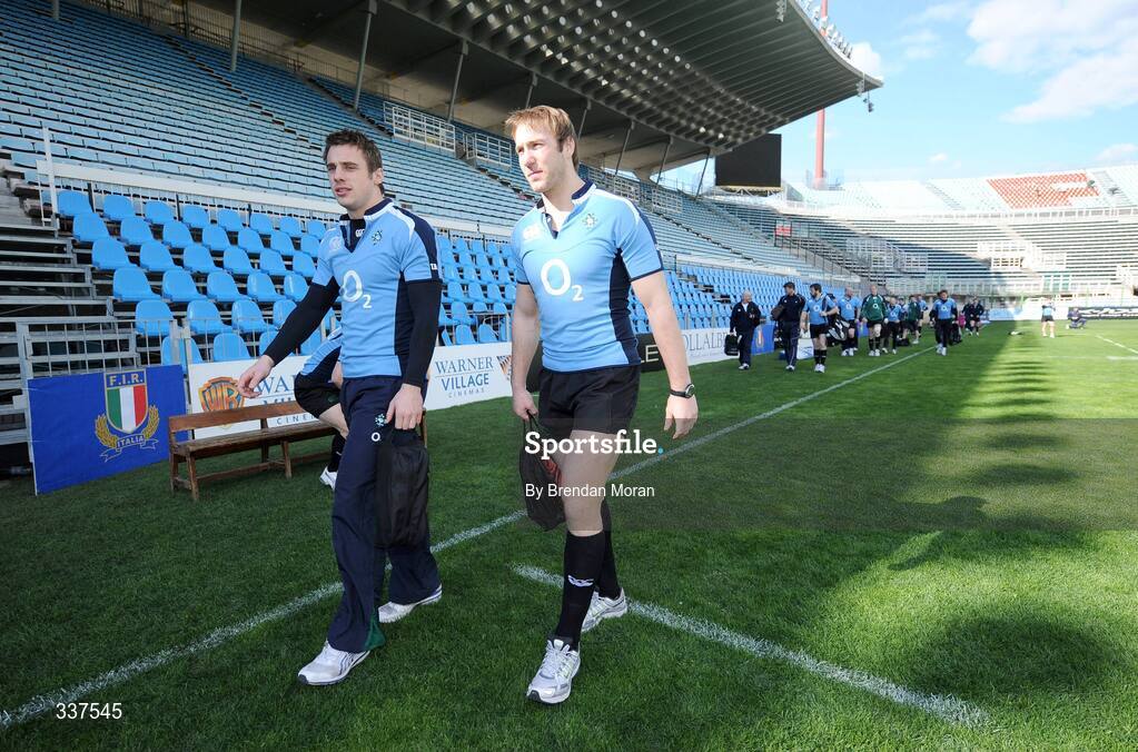 14 February 2009; Tommy Bowe, left, and Stephen Ferris arrive for Ireland Rugby Captain's Run ahead of their RBS Six Nations Championship game against Italy on Sunday. Stadio Flaminio, Rome, Italy. Picture credit: Brendan Moran / SPORTSFILE