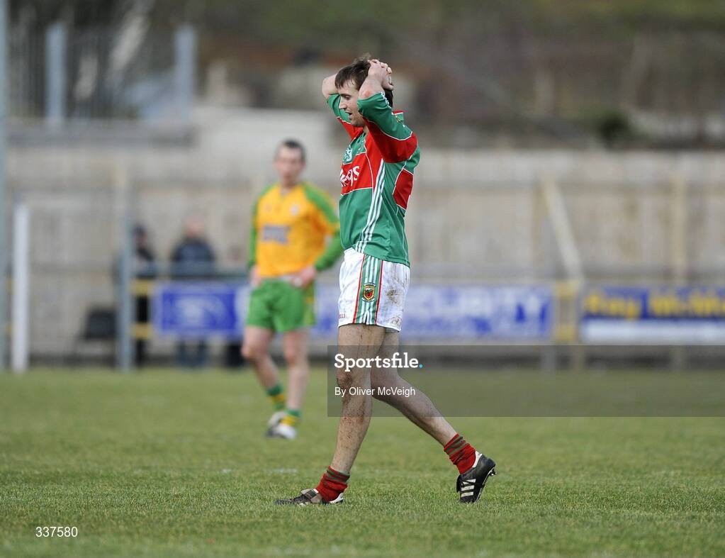 14 February 2009; Mayo captain Ronan McGarrity comes off the field after receiving a yellow card. Allianz GAA National Football League, Division 1, Round 2, Donegal v Mayo, Letterkenny, Co. Donegal. Picture credit: Oliver McVeigh / SPORTSFILE