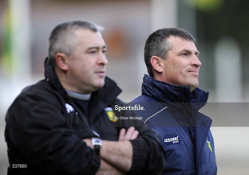 14 February 2009;  Donegal manager John Joe Doherty, right, and his assistant Tommy Ryan looks on from the sideline. Allianz GAA NFL Division 1 Round 2, Donegal v Mayo, Letterkenny, Co. Donegal. Picture credit: Oliver McVeigh / SPORTSFILE