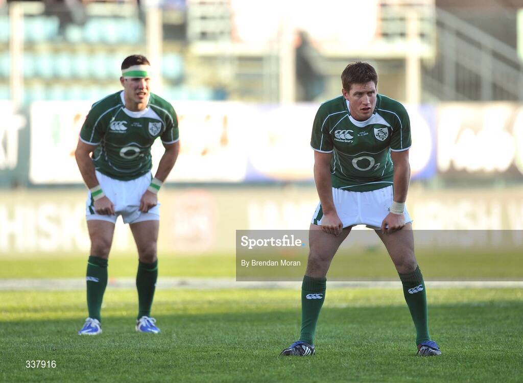 15 February 2009; Ireland out-half Ronan O'Gara and team-mate Paddy Wallace wait on the play to resume. RBS Six Nations Championship, Italy v Ireland, Stadio Flaminio, Rome, Italy. Picture credit: Brendan Moran / SPORTSFILE