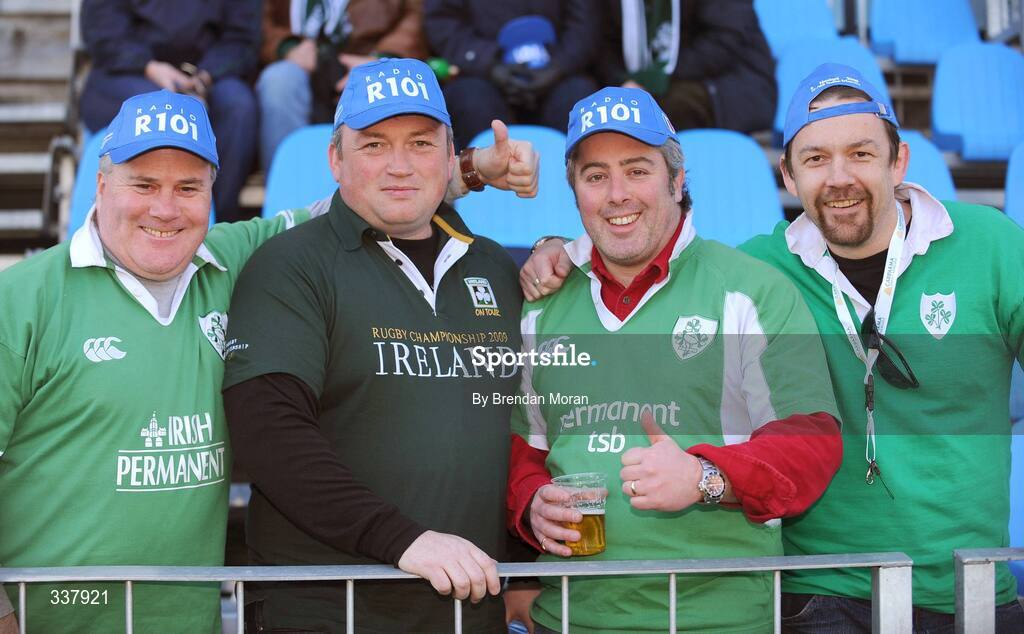 15 February 2009; Ireland fans, from left, John Cameron, Thomas Robinson, Simon Clarke, and Dave Kirkpatrick, all from Ballymoney RFC, Co. Antrim, at the game. RBS Six Nations Championship, Italy v Ireland, Stadio Flaminio, Rome, Italy. Picture credit: Brendan Moran / SPORTSFILE