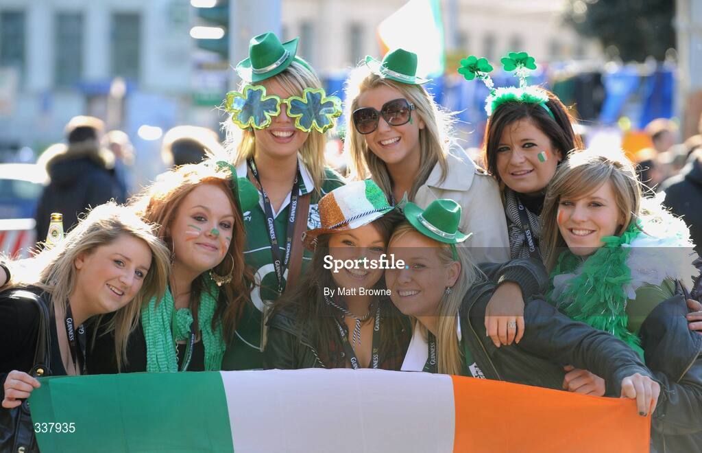 15 February 2009; Irish rugby fans, from left, Karen McArdle, Katie MacCarthy, Julie Tynan, Kate Pierse, Justine Byrne, Annita McGettidan, Isabella O'Keeffe and Catherine Forsyth before the game. RBS Six Nations Championship, Italy v Ireland, Stadio Flaminio, Rome, Italy. Picture credit: Matt Browne / SPORTSFILE
