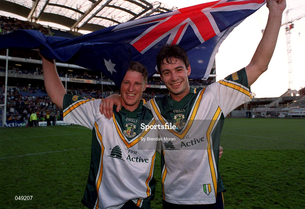 15 October 2000; James Hird, left and Blake Carcella of Australia celebrate following their side's victory during the International Rules Series Second Test match between Ireland and Australia at Croke Park in Dublin. Photo by Brendan Moran/Sportsfile