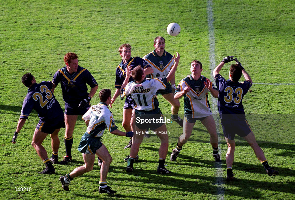 15 October 2000; Ireland's Darren Fay, 11, collects a dropping ball from Australian players during the International Rules Series Second Test match between Ireland and Australia at Croke Park in Dublin. Photo by Brendan Moran/Sportsfile