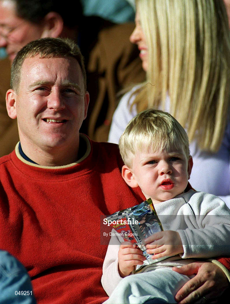 14 October 2000; Former Dublin footballer Keith Barr with his son during the Evening Herald Dublin Senior Football Championship Final match between Na Fianna and Kilmacud Crokes at Parnell Park in Dublin. Photo by Damien Eagers/Sportsfile