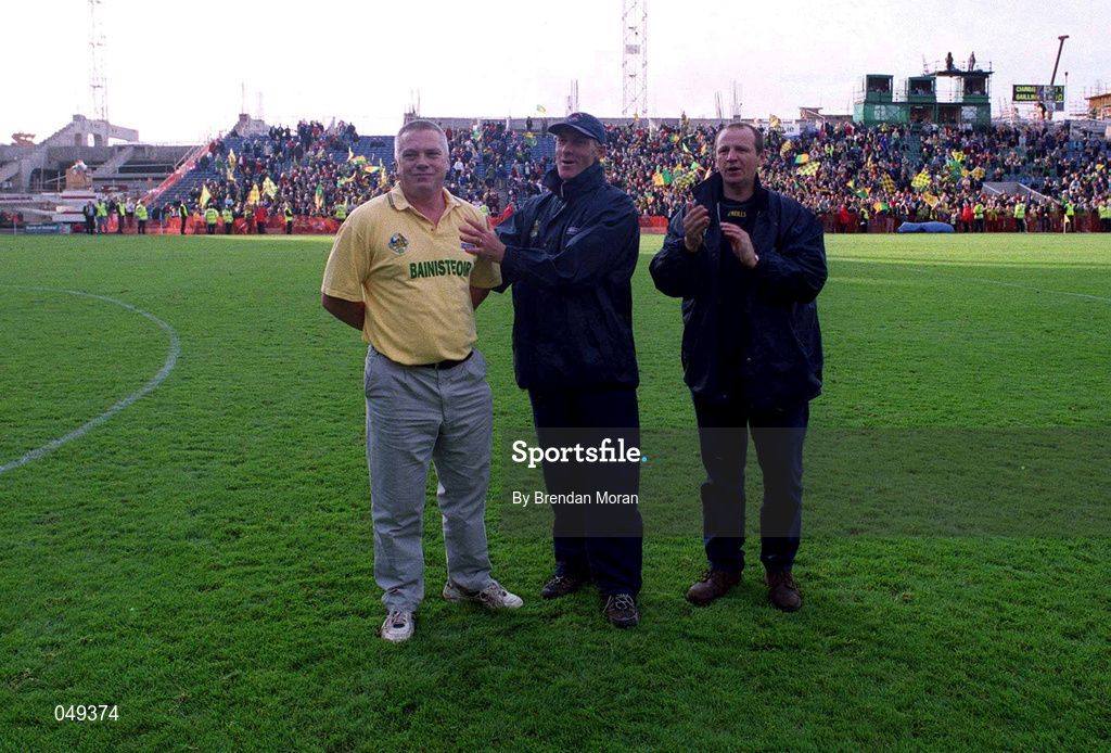 7 October 2000; Kerry manager Páidí Ó Sé with selectors John O'Keeffe, centre, and Eamon Walsh following the Bank of Ireland All-Ireland Senior Football Championship Final Replay match between Kerry and Galway at Croke Park in Dublin. Photo by Brendan Moran/Sportsfile