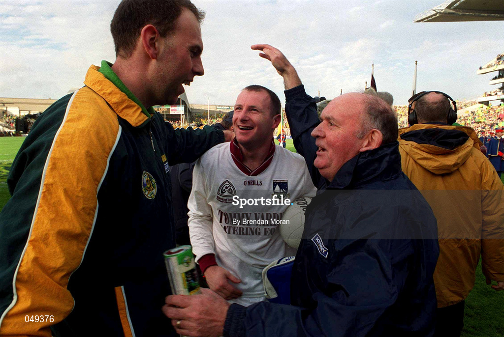 7 October 2000; Kerry players and staff, from left, Peter O'Leary, Declan O'Keeffe and selector Eddie "Tatler" O'Sullivan celebrate following their side's victory during the Bank of Ireland All-Ireland Senior Football Championship Final Replay match between Kerry and Galway at Croke Park in Dublin. Photo by Brendan Moran/Sportsfile