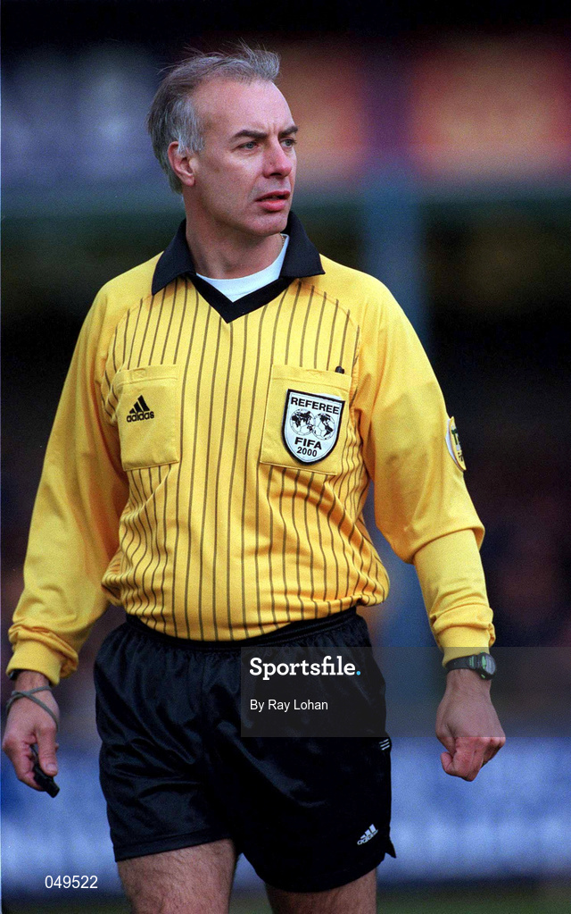 22 October 2000; Referee Hugh Byrne during the Eircom League Premier Division match between UCD and Shamrock Rovers at Belfield Park in Dublin. Photo by Ray Lohan/Sportsfile