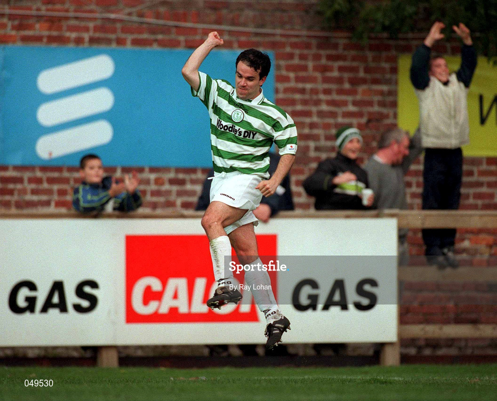 22 October 2000; Jason Colwell of Shamrock Rovers celebrates after scoring his side's first goal during the Eircom League Premier Division match between UCD and Shamrock Rovers at Belfield Park in Dublin. Photo by Ray Lohan/Sportsfile