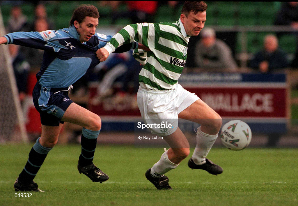 22 October 2000; Gareth Cronin of Shamrock Rovers in action against Eoin Bennis of UCD during the Eircom League Premier Division match between UCD and Shamrock Rovers at Belfield Park in Dublin. Photo by Ray Lohan/Sportsfile