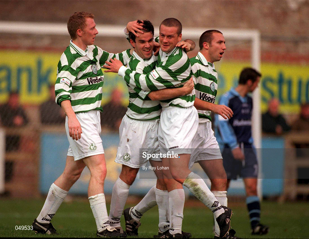 22 October 2000; Jason Colwell of Shamrock Rovers, second left, is congratulated by team-mates Sean Francis and Tommy Dunne after scoring during the Eircom League Premier Division match between UCD and Shamrock Rovers at Belfield Park in Dublin. Photo by Ray Lohan/Sportsfile