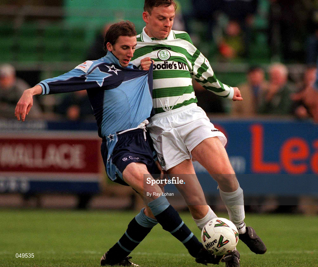 22 October 2000; Gareth Cronin of Shamrock Rovers in action against Eoin Bennis of UCD during the Eircom League Premier Division match between UCD and Shamrock Rovers at Belfield Park in Dublin. Photo by Ray Lohan/Sportsfile