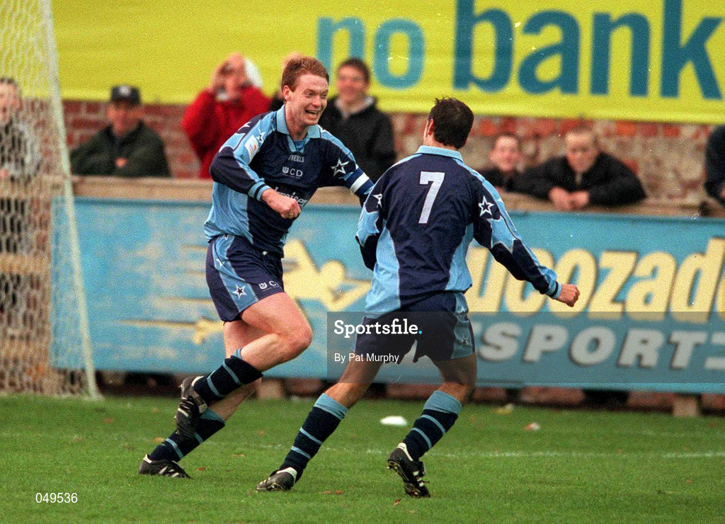 22 October 2000; Tony McDonnell of UCD, left, celebrates with team-mate John Martin after scoring his side's first goal during the Eircom League Premier Division match between UCD and Shamrock Rovers at Belfield Park in Dublin. Photo by Pat Murphy/Sportsfile
