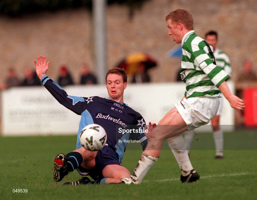 22 October 2000; Tony McDonnell of UCD in action against Sean Francis of Shamrock Rovers during the Eircom League Premier Division match between UCD and Shamrock Rovers at Belfield Park in Dublin. Photo by Ray Lohan/Sportsfile
