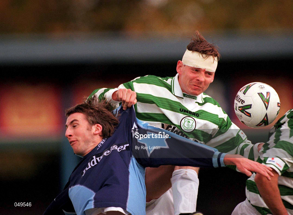 22 October 2000; Gareth Cronin of Shamrock Rovers in action against Eoin Bennis of UCD during the Eircom League Premier Division match between UCD and Shamrock Rovers at Belfield Park in Dublin. Photo by Ray Lohan/Sportsfile