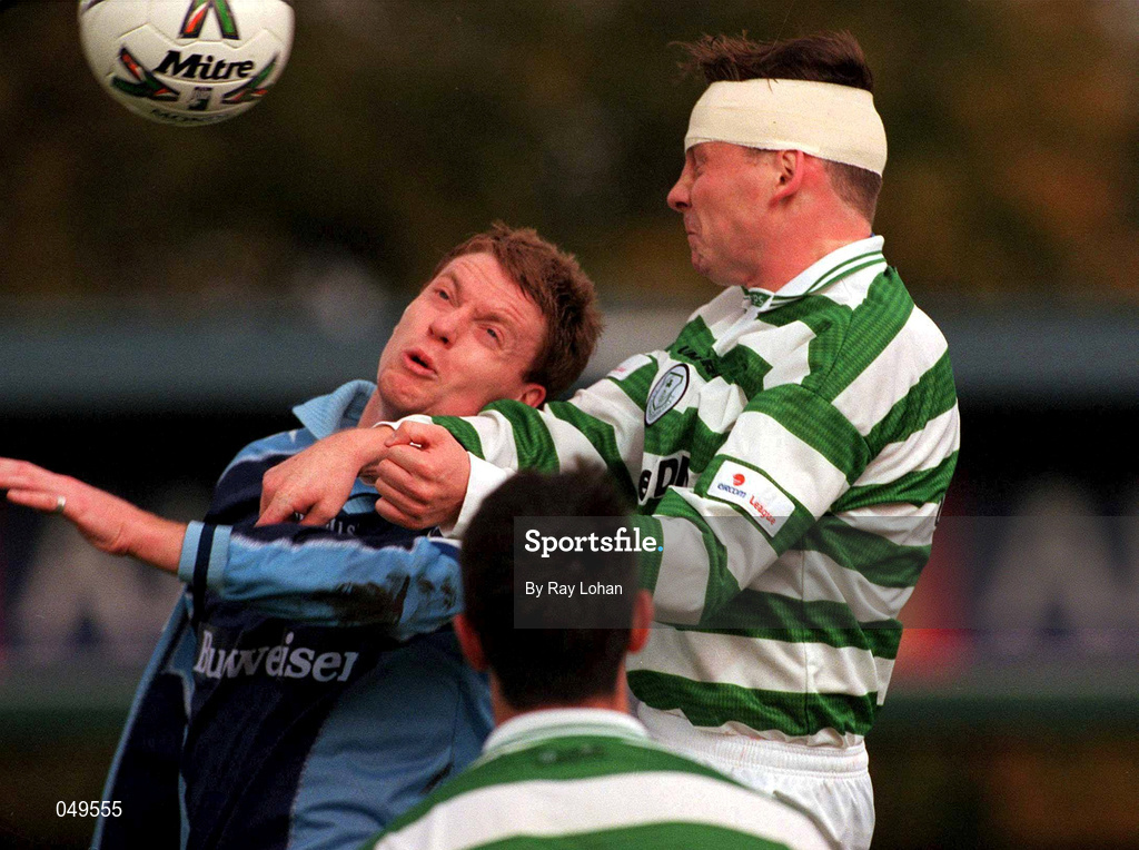 22 October 2000; Gareth Cronin of Shamrock Rovers in action against Tony McDonnell of UCD during the Eircom League Premier Division match between UCD and Shamrock Rovers at Belfield Park in Dublin. Photo by Ray Lohan/Sportsfile